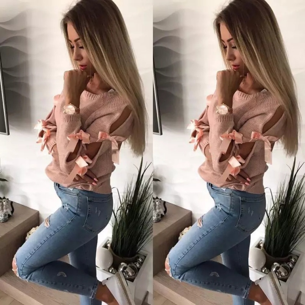 O neck knit pullover bow sweater